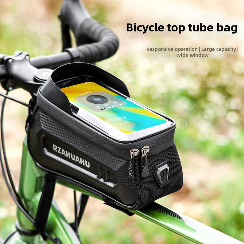 Taška na horný rám bicykla s pevným púzdrom – PU koža, objem 1,5 l, model 30120108/072, značka RZAHUAHU, úložný priestor s dotykovým displejom