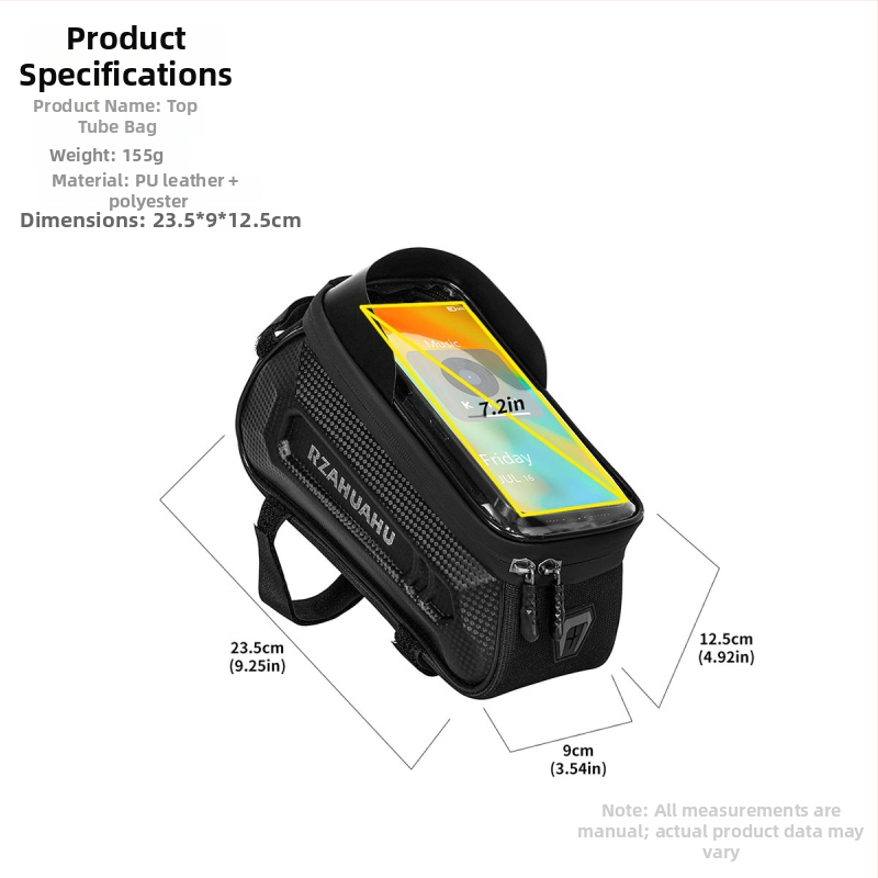 Taška na horný rám bicykla s pevným púzdrom – PU koža, objem 1,5 l, model 30120108/072, značka RZAHUAHU, úložný priestor s dotykovým displejom