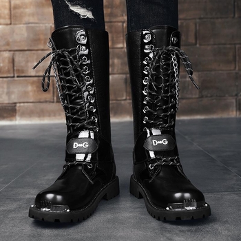 Martin čizme za muškarce, povećane duge čizme, gumena podstava, gornji dio od mikrovlakana, vrh prstiju u obliku riblje usta, šivanje šnure, niski potpetice 1–3 cm