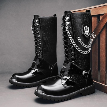 Martin čizme za muškarce, povećane duge čizme, gumena podstava, gornji dio od mikrovlakana, vrh prstiju u obliku riblje usta, šivanje šnure, niski potpetice 1–3 cm