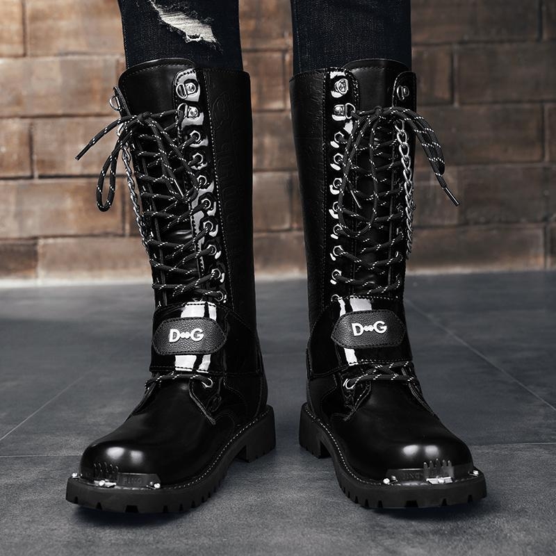 Martin čizme za muškarce, povećane duge čizme, gumena podstava, gornji dio od mikrovlakana, vrh prstiju u obliku riblje usta, šivanje šnure, niski potpetice 1–3 cm