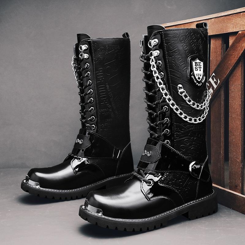 Martin čizme za muškarce, povećane duge čizme, gumena podstava, gornji dio od mikrovlakana, vrh prstiju u obliku riblje usta, šivanje šnure, niski potpetice 1–3 cm