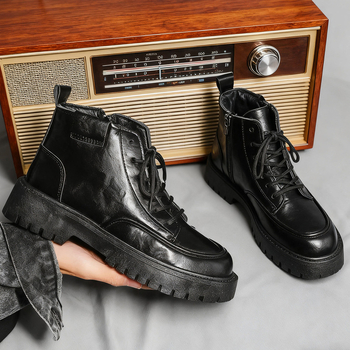 Muške Martin čizme s PU gornjim dijelom, gumom potplatom, bočnim zatvaračem, okruglim vrhom, debelim potplatom 3–5 cm, zimski poslovno-casual stil.