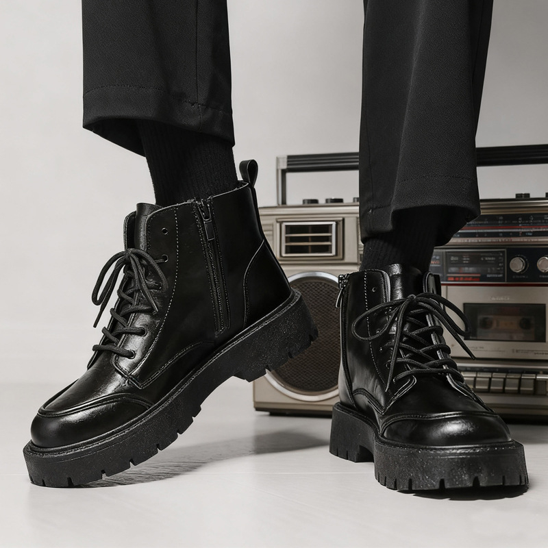 Muške Martin čizme s PU gornjim dijelom, gumom potplatom, bočnim zatvaračem, okruglim vrhom, debelim potplatom 3–5 cm, zimski poslovno-casual stil.
