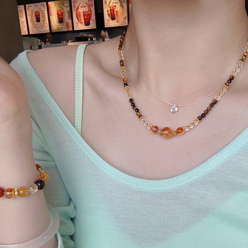 Ogrlica od prirodnog citrina, ručno izrađena, lanac ključne kosti, U oblik privjesak, retro dvorski stil