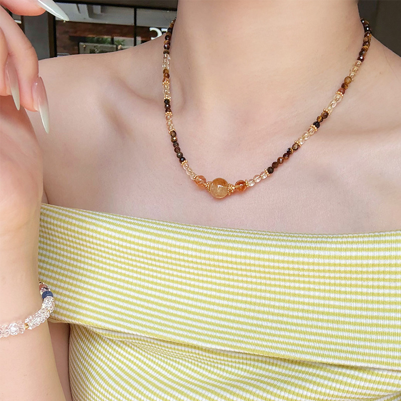 Ogrlica od prirodnog citrina, ručno izrađena, lanac ključne kosti, U oblik privjesak, retro dvorski stil