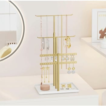 Четириетажна метална стойка за бижута с подвижен повдигащ механизъм - Т-образен дизайн за бюро