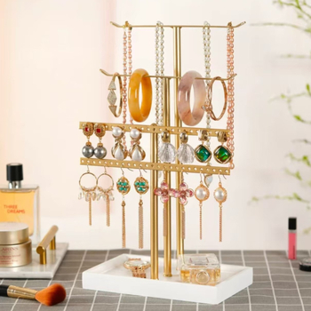 Четириетажна метална стойка за бижута с подвижен повдигащ механизъм - Т-образен дизайн за бюро