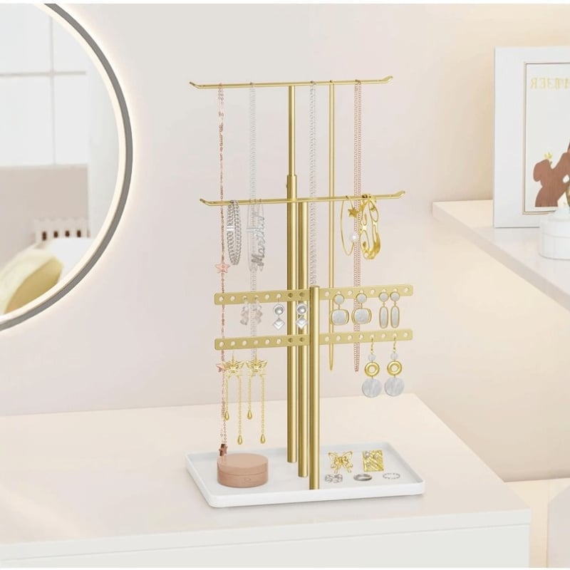 Четириетажна метална стойка за бижута с подвижен повдигащ механизъм - Т-образен дизайн за бюро