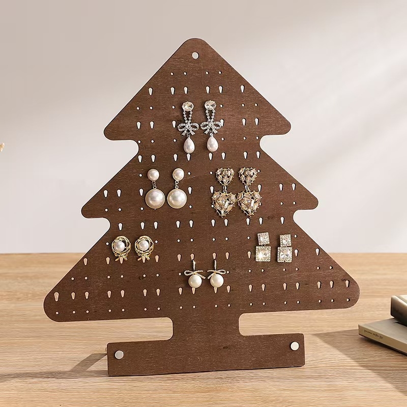 Дървен настолен дисплей за бижута във форма на Коледно дърво за обици и висулки