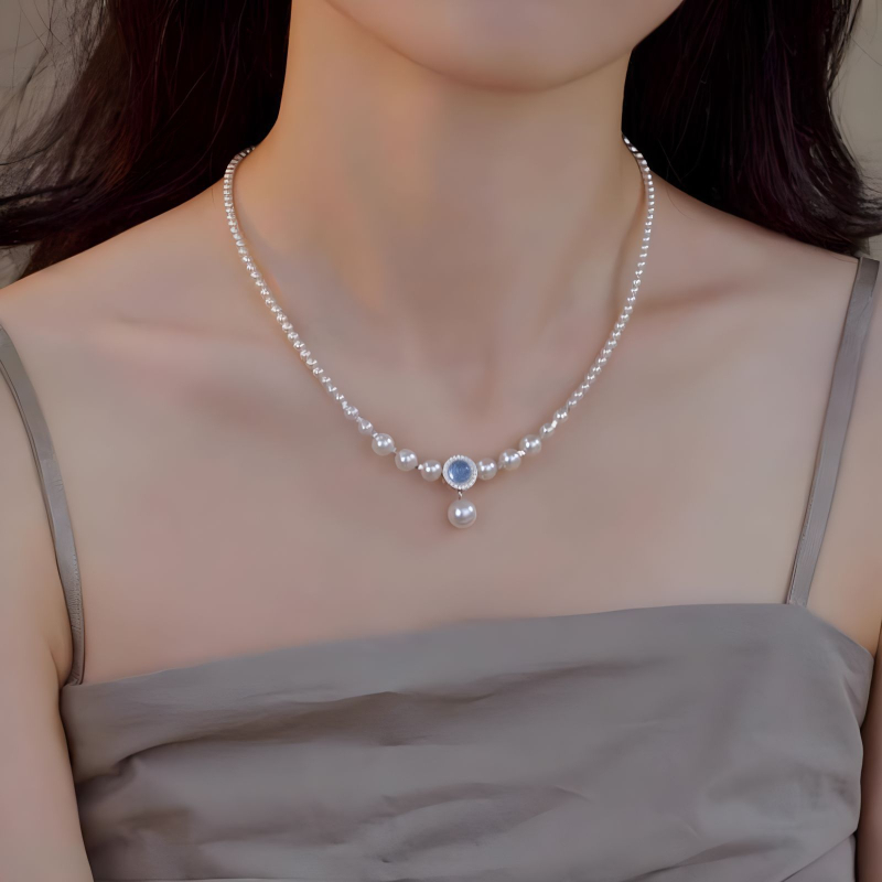 S925 sterling srebrna ogrlica s prirodnim akvamarinom i biserima inspirirana Dianom, nježan luksuzni lanac za klavikulu