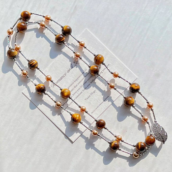 Višeslojno ogrlica s kugličastim lancem, Tigrovo oko i imitacijske perle (Materijal: Shijia biseri; Ručna izrada; Lance: kugličasti; Višestruki: Da; Materijal privjeska: imitacijske perle)