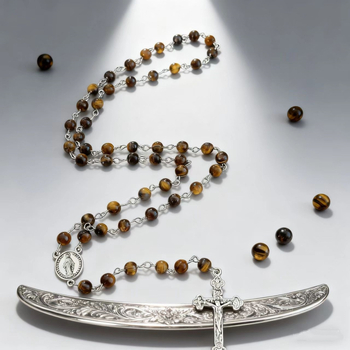 Tigraszemes nyaklánc, elektroplazált medállal, kézzel gyöngyölt lánccal, uniszex