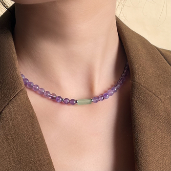 Colier din cristal de ametist, lucrat manual, design geometric, lanț obișnuit