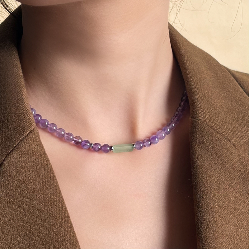 Colier din cristal de ametist, lucrat manual, design geometric, lanț obișnuit