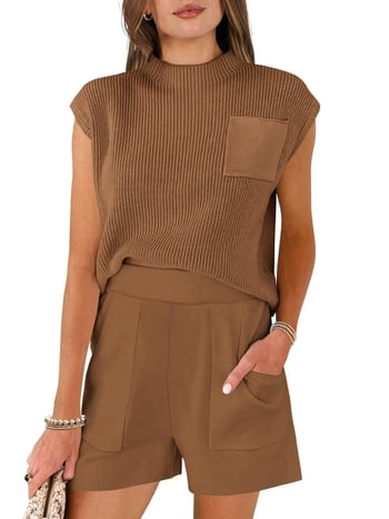 Лято 2024 Нов дамски комплект пуловер с къс ръкав от две части на плетен пуловер, ежедневен къс стил