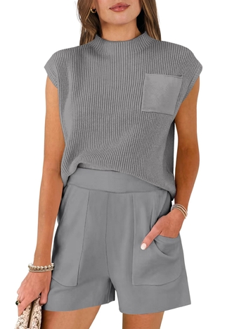 Лято 2024 Нов дамски комплект пуловер с къс ръкав от две части на плетен пуловер, ежедневен къс стил