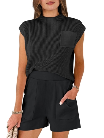 Лято 2024 Нов дамски комплект пуловер с къс ръкав от две части на плетен пуловер, ежедневен къс стил