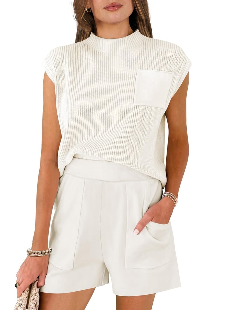 Νέο γυναικείο σετ πλεκτού πουλόβερ δύο τεμαχίων με κοντό μανίκι, καλοκαίρι 2024, casual, κοντό στυλ