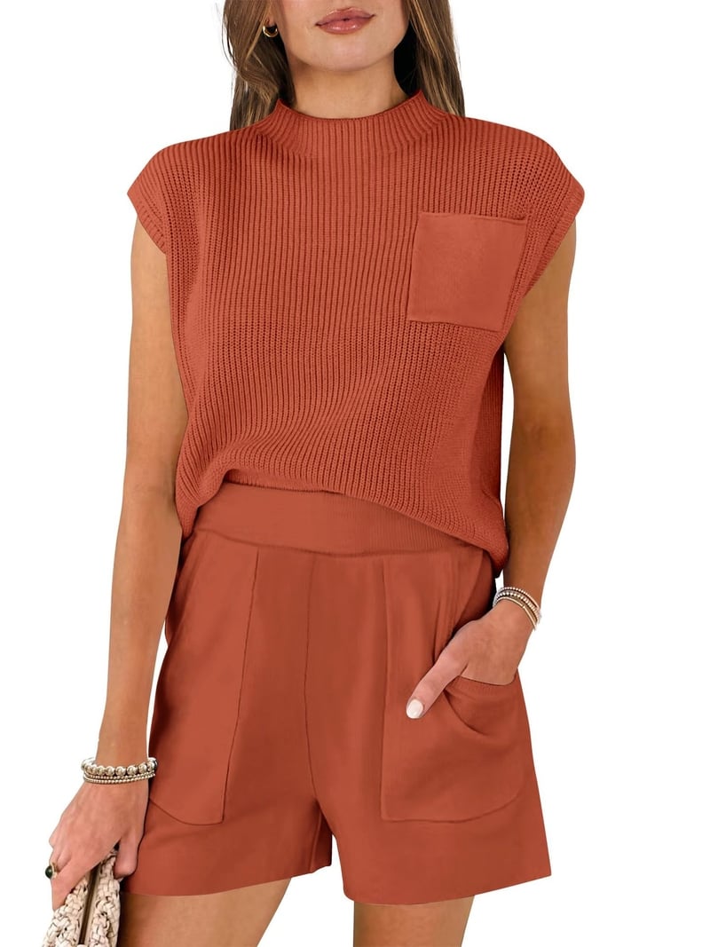 Лято 2024 Нов дамски комплект пуловер с къс ръкав от две части на плетен пуловер, ежедневен къс стил