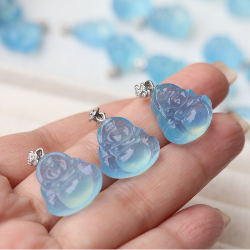 Akvamarin Maitreja Buddha izrezbaren privjesak, srebro 925, prirodni kristal, ogrlica DIY