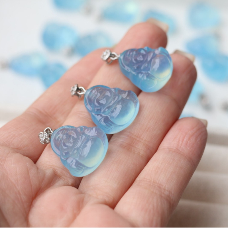 Akvamarin Maitreja Buddha izrezbaren privjesak, srebro 925, prirodni kristal, ogrlica DIY