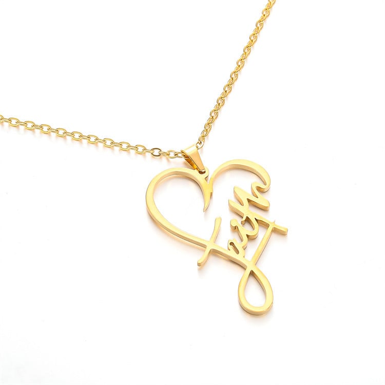 Ogrlica s privjeskom srca vjere od nehrđajućeg čelika, elektroplatirano, lanac zmijskog tipa, duljina 51–80 cm, moguć personalizirani tekst, Faith serija