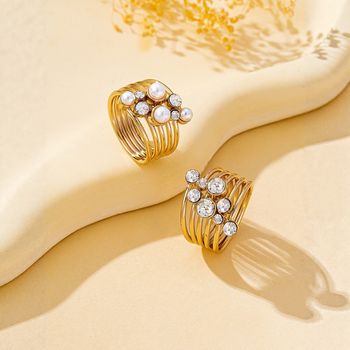 Višestruki ženski prsten s perlama i umjetnim kamenjem, legura, geometrijski oblik, elektroplatiranje, zimska 2025 verzija