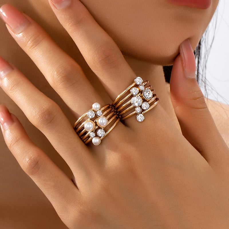 Višestruki ženski prsten s perlama i umjetnim kamenjem, legura, geometrijski oblik, elektroplatiranje, zimska 2025 verzija