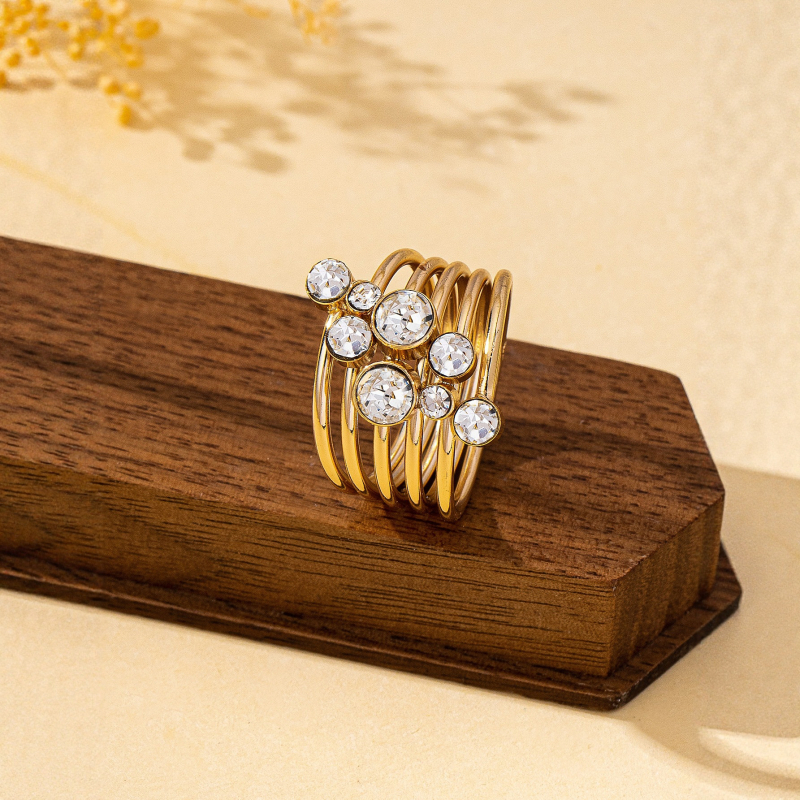 Višestruki ženski prsten s perlama i umjetnim kamenjem, legura, geometrijski oblik, elektroplatiranje, zimska 2025 verzija