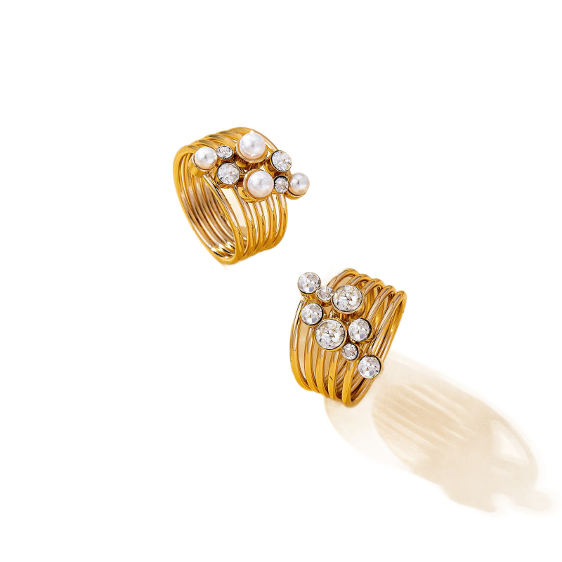 Višestruki ženski prsten s perlama i umjetnim kamenjem, legura, geometrijski oblik, elektroplatiranje, zimska 2025 verzija