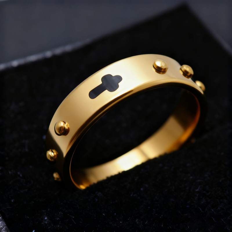 Prsten s križem od titan čelika, 18K pozlata, unisex geometrijski stil