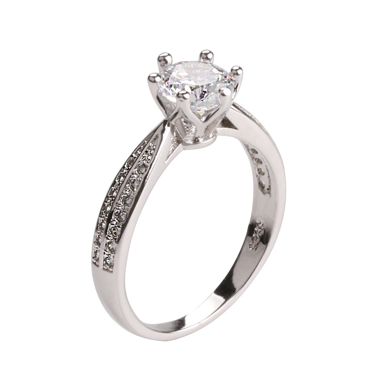 Női gyűrű fehér rézből, hat karomú beállítás, 1 karátos cirkónia imitáció, természetes stílus