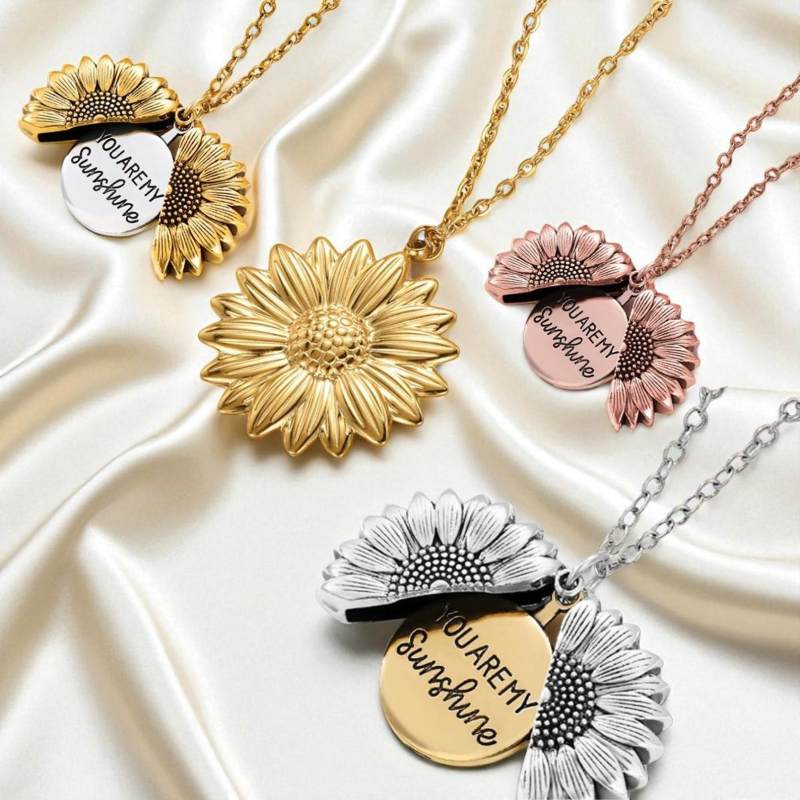 Ogrlica sa suncokretom, otvoreni privjesak, gravirano 'You Are My Sunshine', unisex, titan čelik