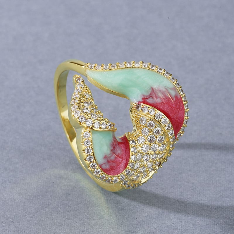 Mesing prsten u korejskom stilu sa cvjetnim motívom, mikro-ugrađen cirkon, emajl završna obrada