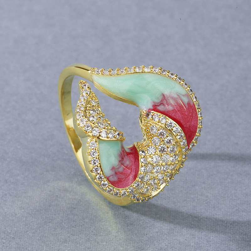 Mesing prsten u korejskom stilu sa cvjetnim motívom, mikro-ugrađen cirkon, emajl završna obrada