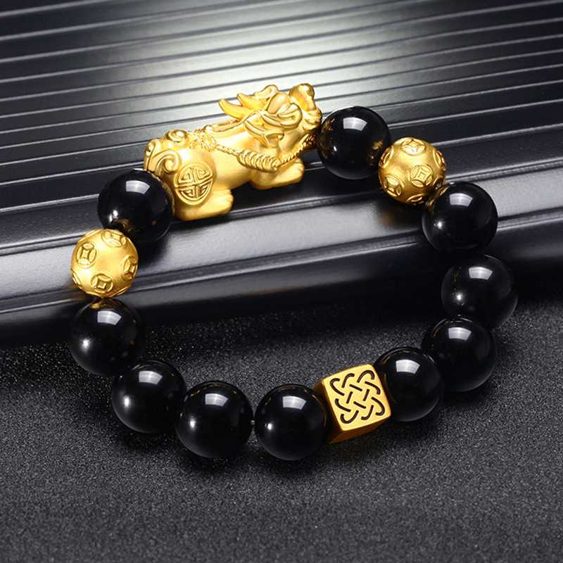 Férfi karkötő National Wind stílusban, ötvözet és üveg gyöngyökkel, obsidián gyöngyök, testreszabás elérhető