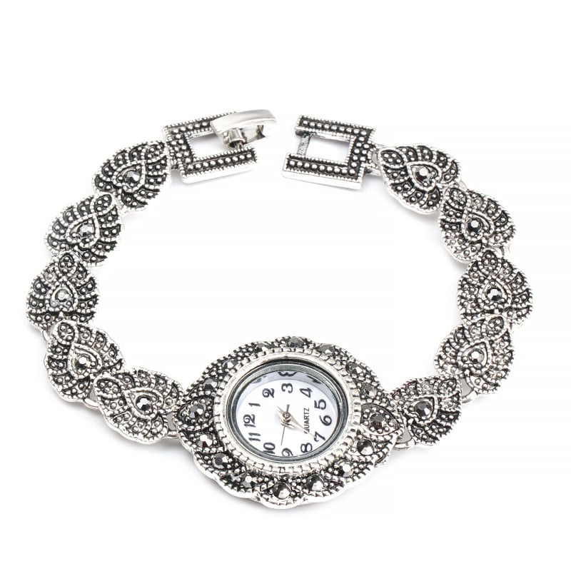 Női karkötő-óra, retro stílus, ötvözet, elektroplatírozás, ötvözetbe illesztett mesterséges kövek