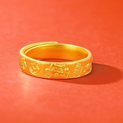 Пръстен с талисман котка късмет, позлатен, дизайн осем съкровища, Seiko финиш, за жени