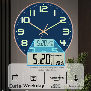 Ceas de perete luminos cu calendar perpetuu, afișaj săptămână și lună, termometru, mișcare cu sweep de secunde TS-01