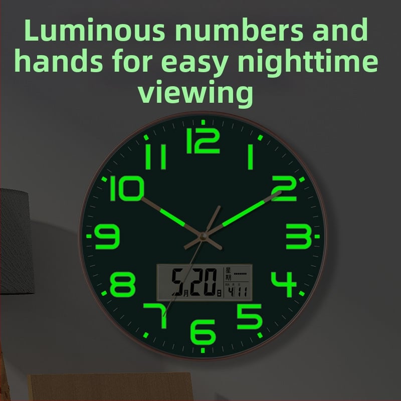 Ceas de perete luminos cu calendar perpetuu, afișaj săptămână și lună, termometru, mișcare cu sweep de secunde TS-01