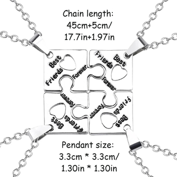 Colier: puzzle geometric patru piese pentru prietene, pandantiv cu pietre de zirconiu, din aliaj de zinc, placare electroplatinată, lanț standard, unisex
