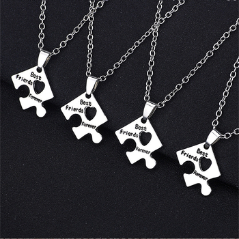Colier: puzzle geometric patru piese pentru prietene, pandantiv cu pietre de zirconiu, din aliaj de zinc, placare electroplatinată, lanț standard, unisex