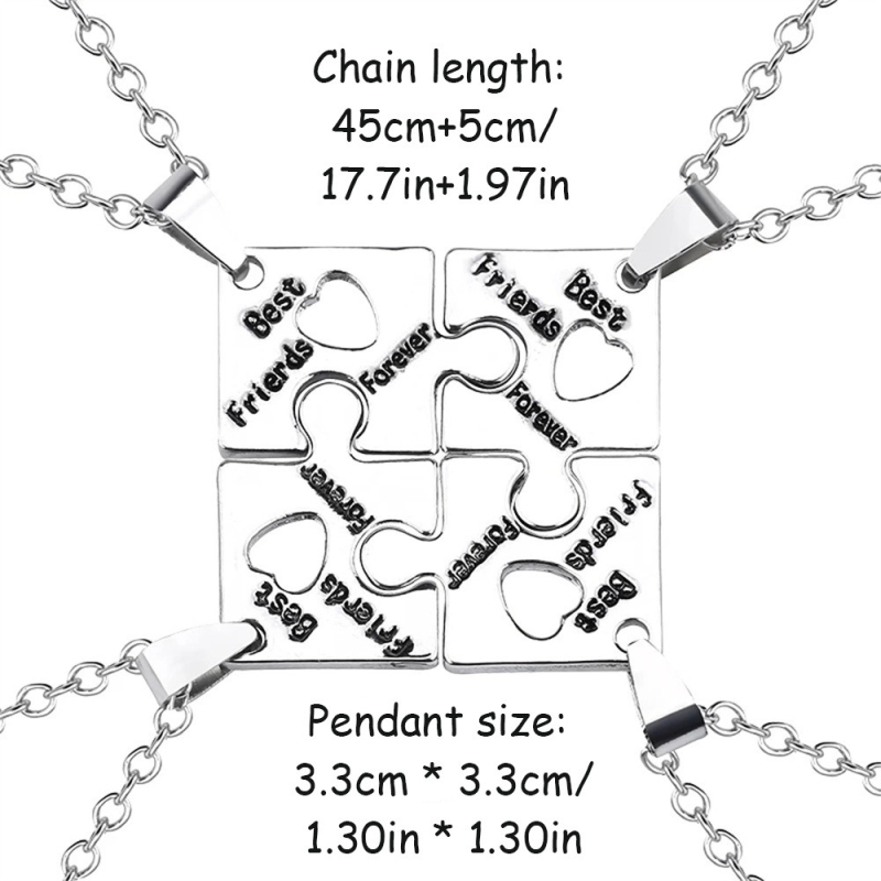 Colier: puzzle geometric patru piese pentru prietene, pandantiv cu pietre de zirconiu, din aliaj de zinc, placare electroplatinată, lanț standard, unisex