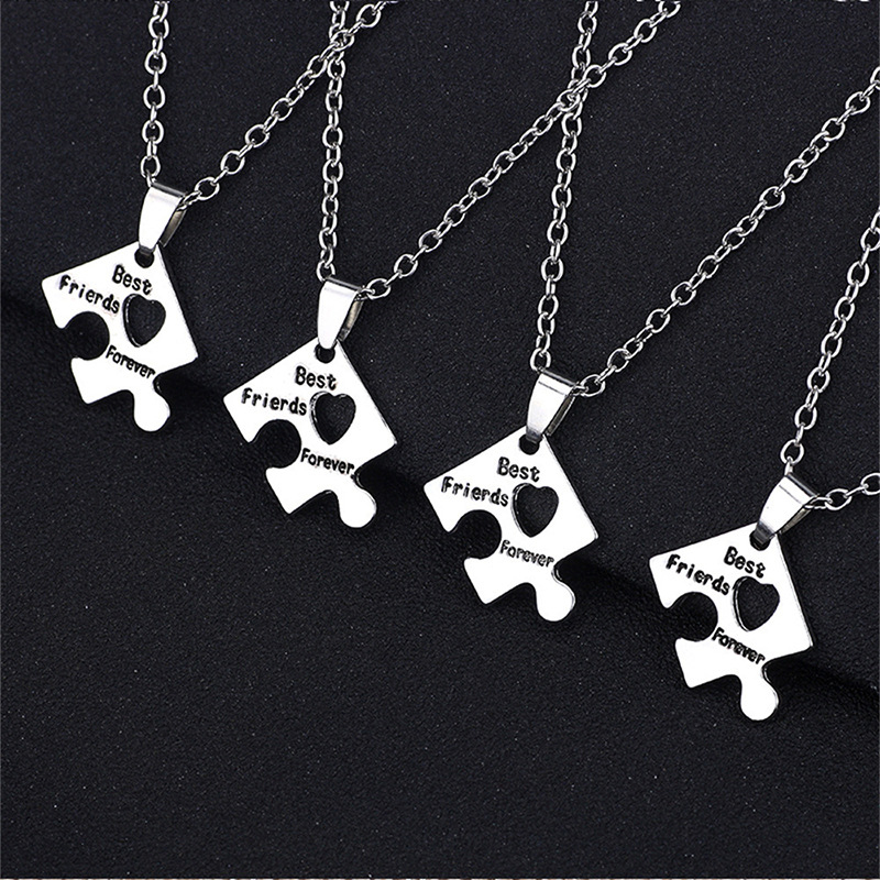 Colier: puzzle geometric patru piese pentru prietene, pandantiv cu pietre de zirconiu, din aliaj de zinc, placare electroplatinată, lanț standard, unisex