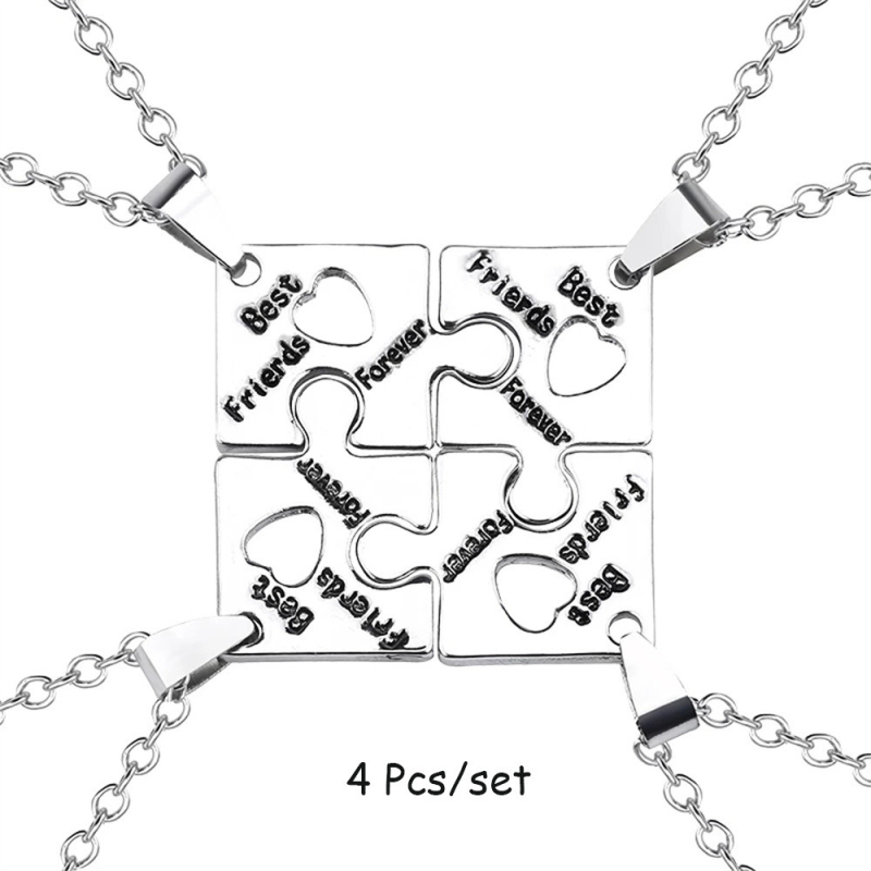 Colier: puzzle geometric patru piese pentru prietene, pandantiv cu pietre de zirconiu, din aliaj de zinc, placare electroplatinată, lanț standard, unisex