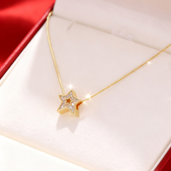 Colier cu formă de stea, cupru şi zirconiu, placare electroplatină, stil uşor lux, lansare iarna 2025