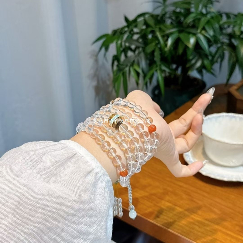 Гривна с естествени кристални мъниста, 108 Будда мъниста, 925 стерлингови сребърни акценти, многослойна конструкция