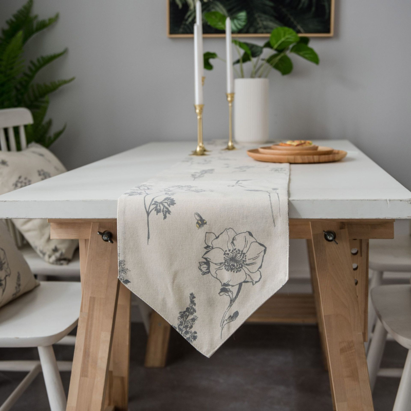 Флаг за маса с рисунка на цветя, американски селски стил, пискюли, смесена материя (90% памук, 10% лен), обработка по поръчка