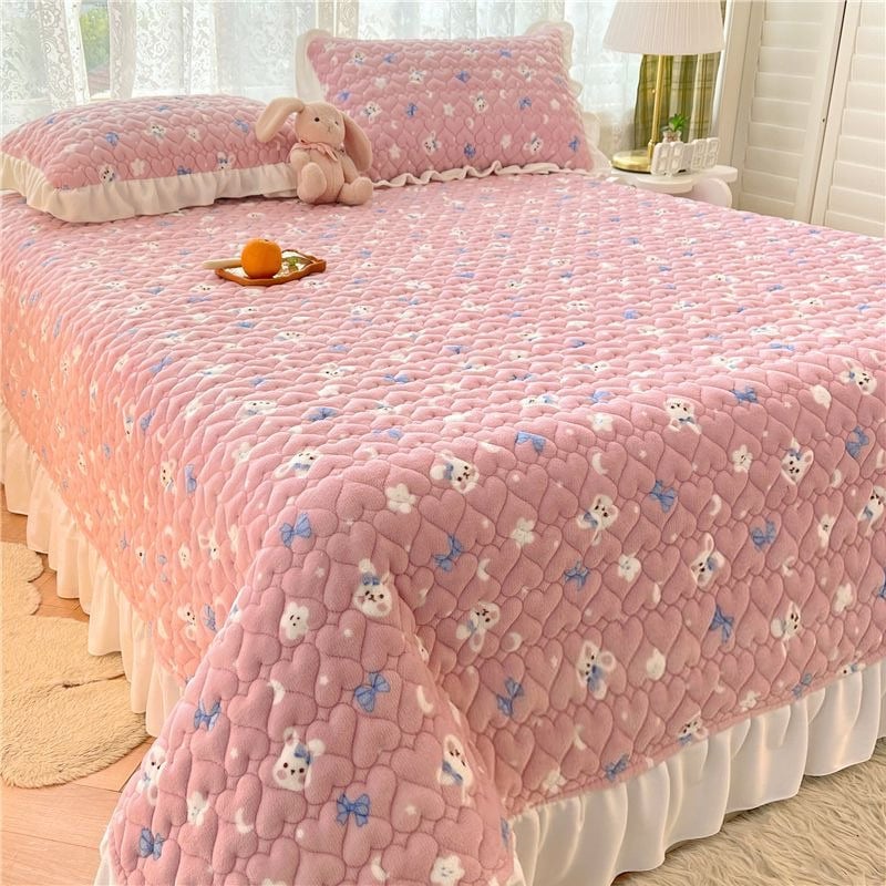 Set de pat din velur de lapte, trei piese, stil prințesă, model plante și flori, calitate hotelieră